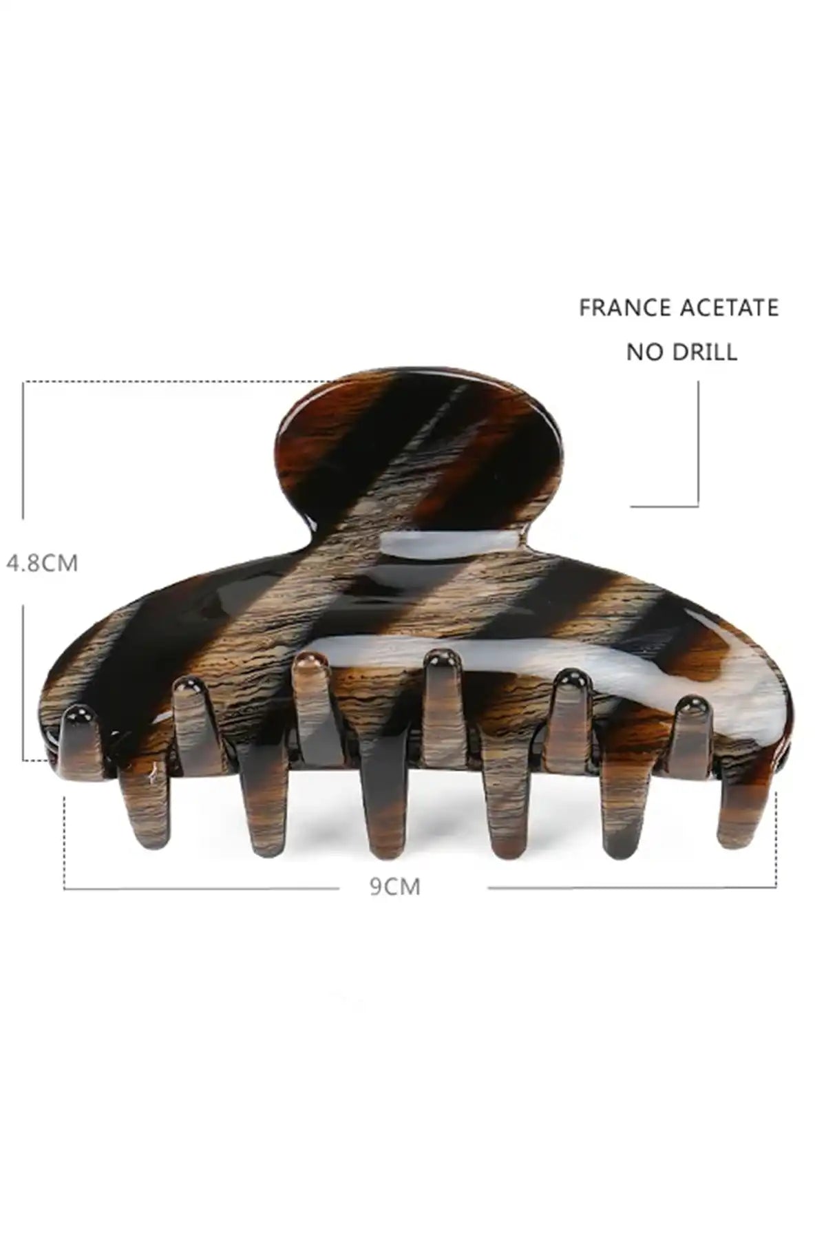 Eco-Friendly 9cm Premium Acetate Claw Clip – Black Brown Stripe with measurements on a white background