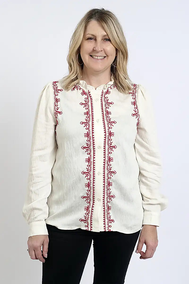 Ella Embroidery Shirt in Cream & Deep Plum front view