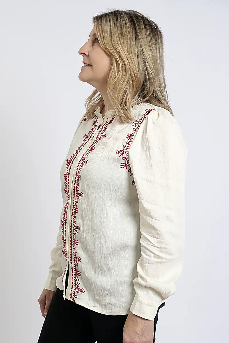 Ella Embroidery Shirt in Cream & Deep Plum side view