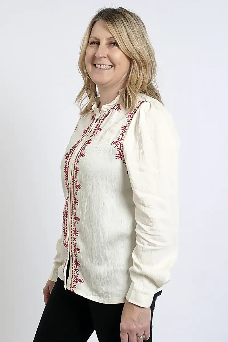 Ella Embroidery Shirt in Cream & Deep Plum side view