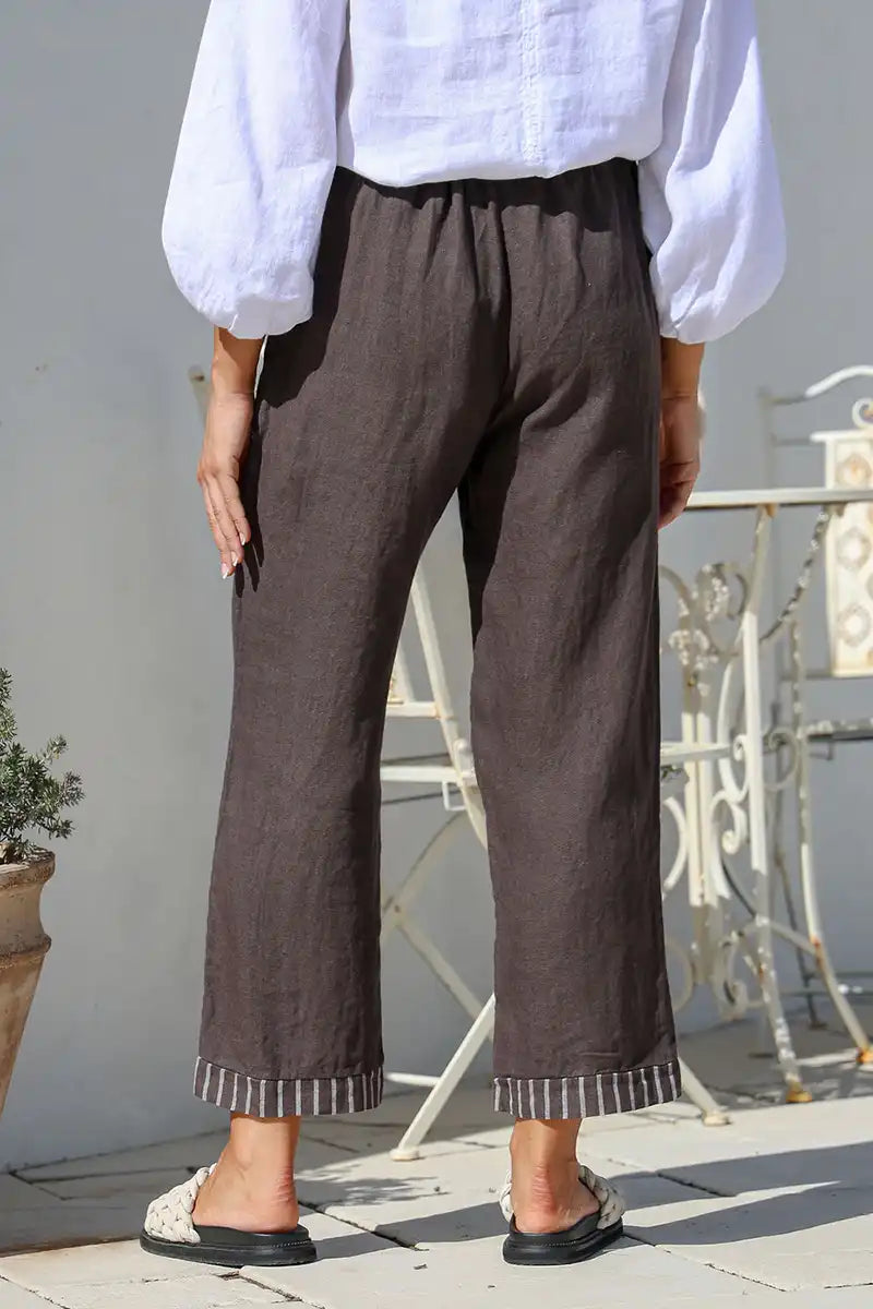 Emilia Italian Linen Pants – Effortless Comfort in Deep Chocolate back view