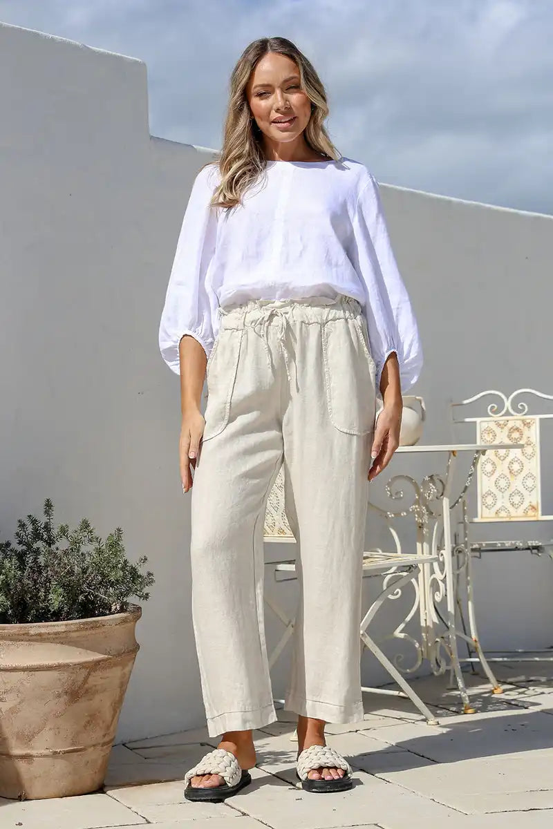 Emilia Italian Linen Pants – Effortless Comfort in Natural front full model view