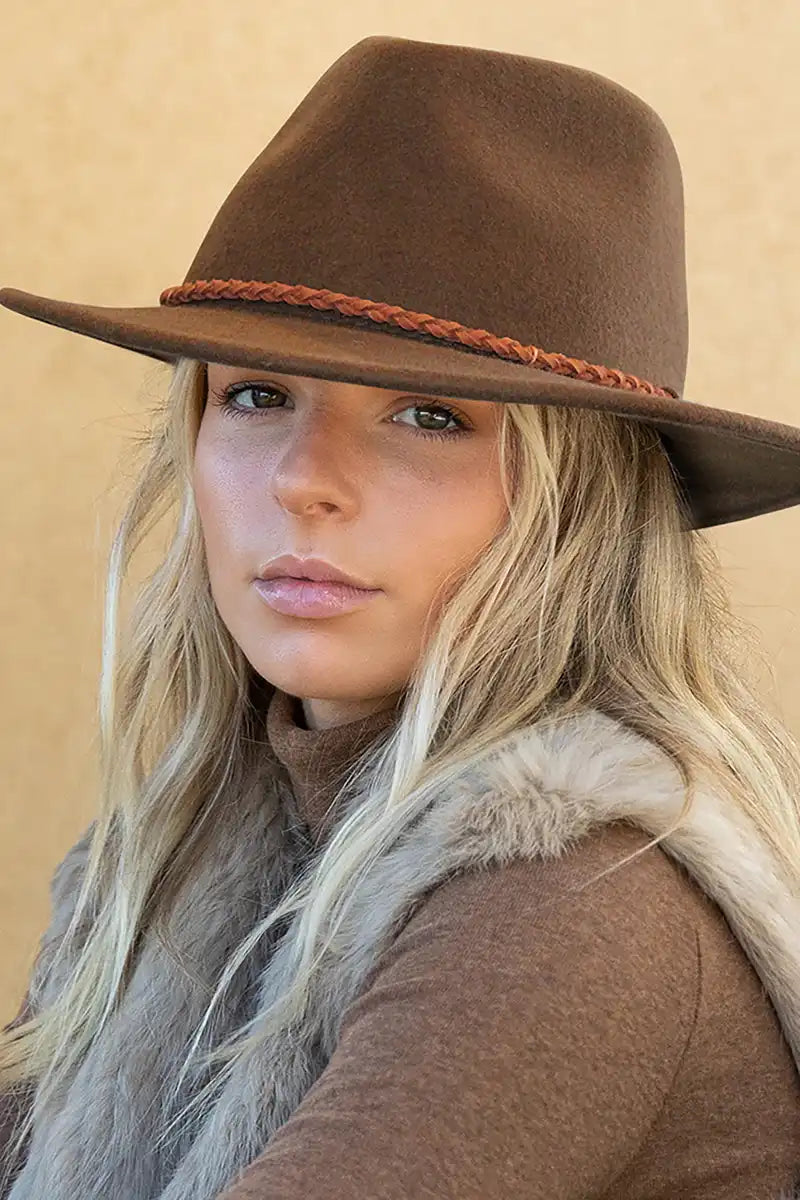 Evoke Beltana Fedora Hat in Chocolate on lady