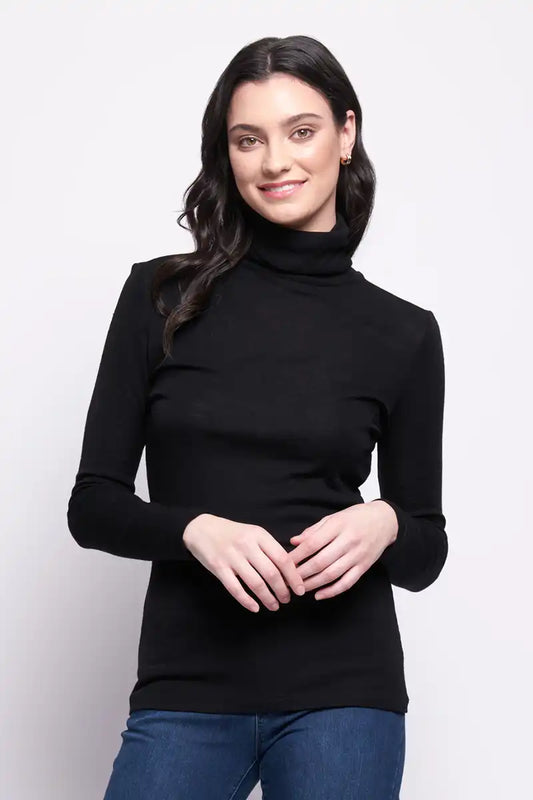 Foil Fine Merino Polo Neck Top in Black front detailed view