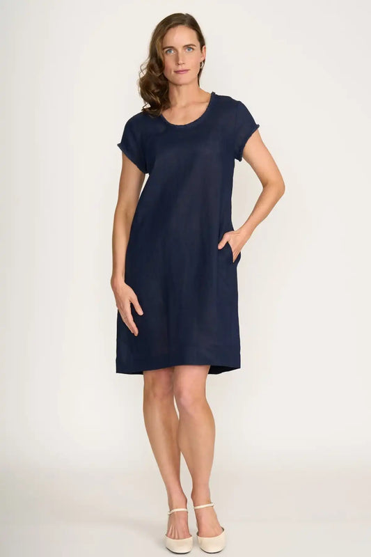 Woman wearing a Foil Linen Festival Dress in Eclipse on a white background front view