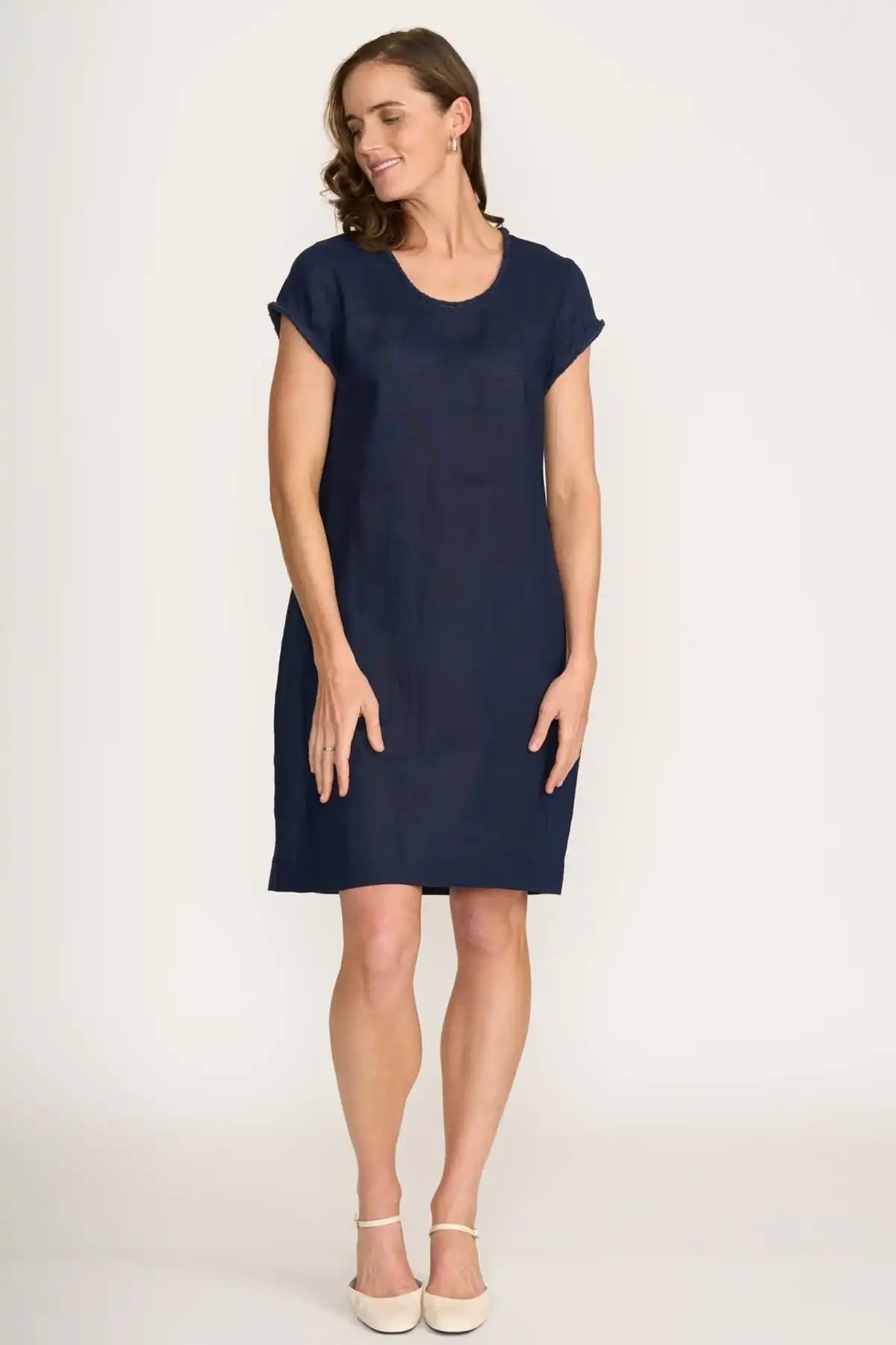 Woman wearing a Foil Linen Festival Dress in Eclipse on a white background