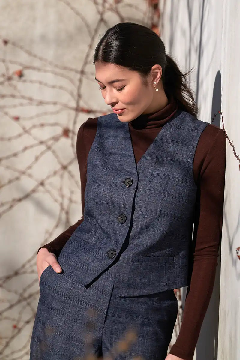 Foil Style Council Vest – Dark Blue Check detailed front view