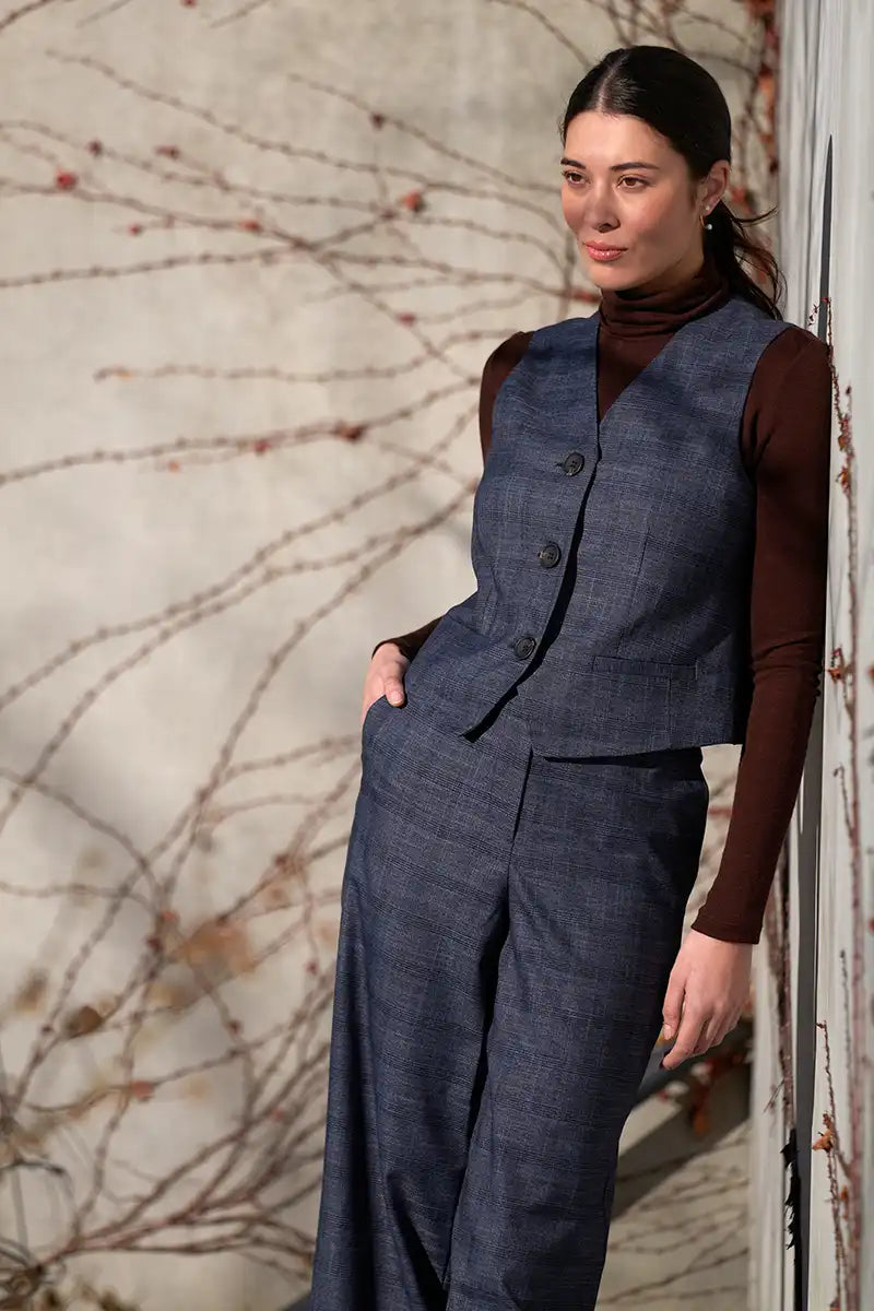 Foil Style Council Vest – Dark Blue Check front outfit view