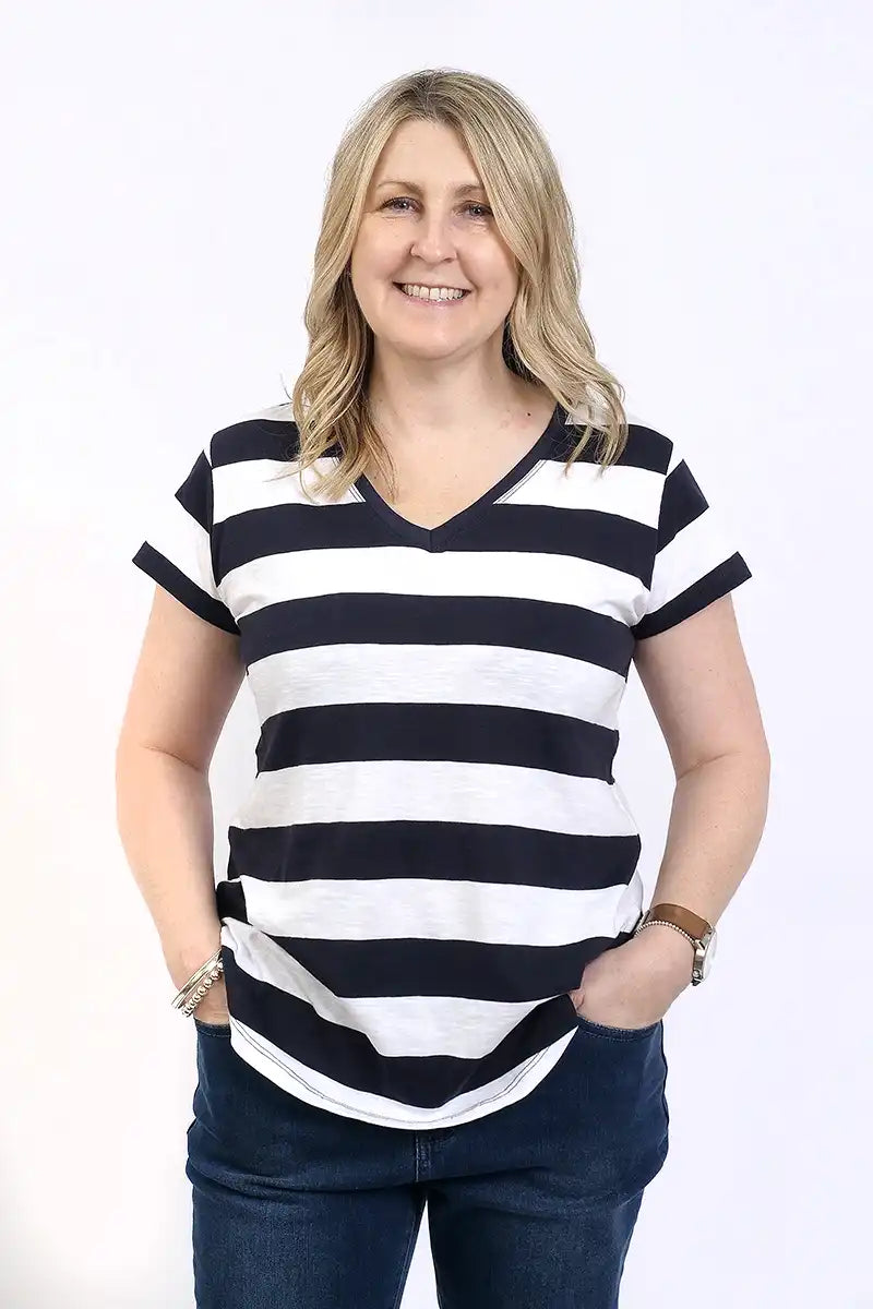 Foil V's So Fine Tee in Navy Stripe front