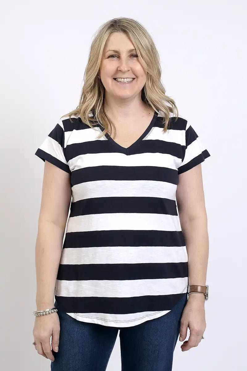 Foil V's So Fine Tee in Navy Stripe front with round hemline