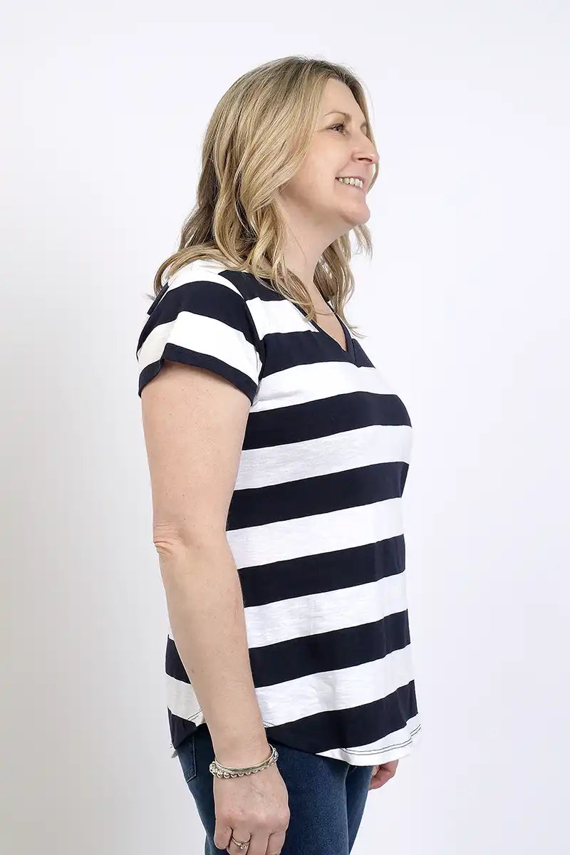 Foil V's So Fine Tee in Navy Stripe side view
