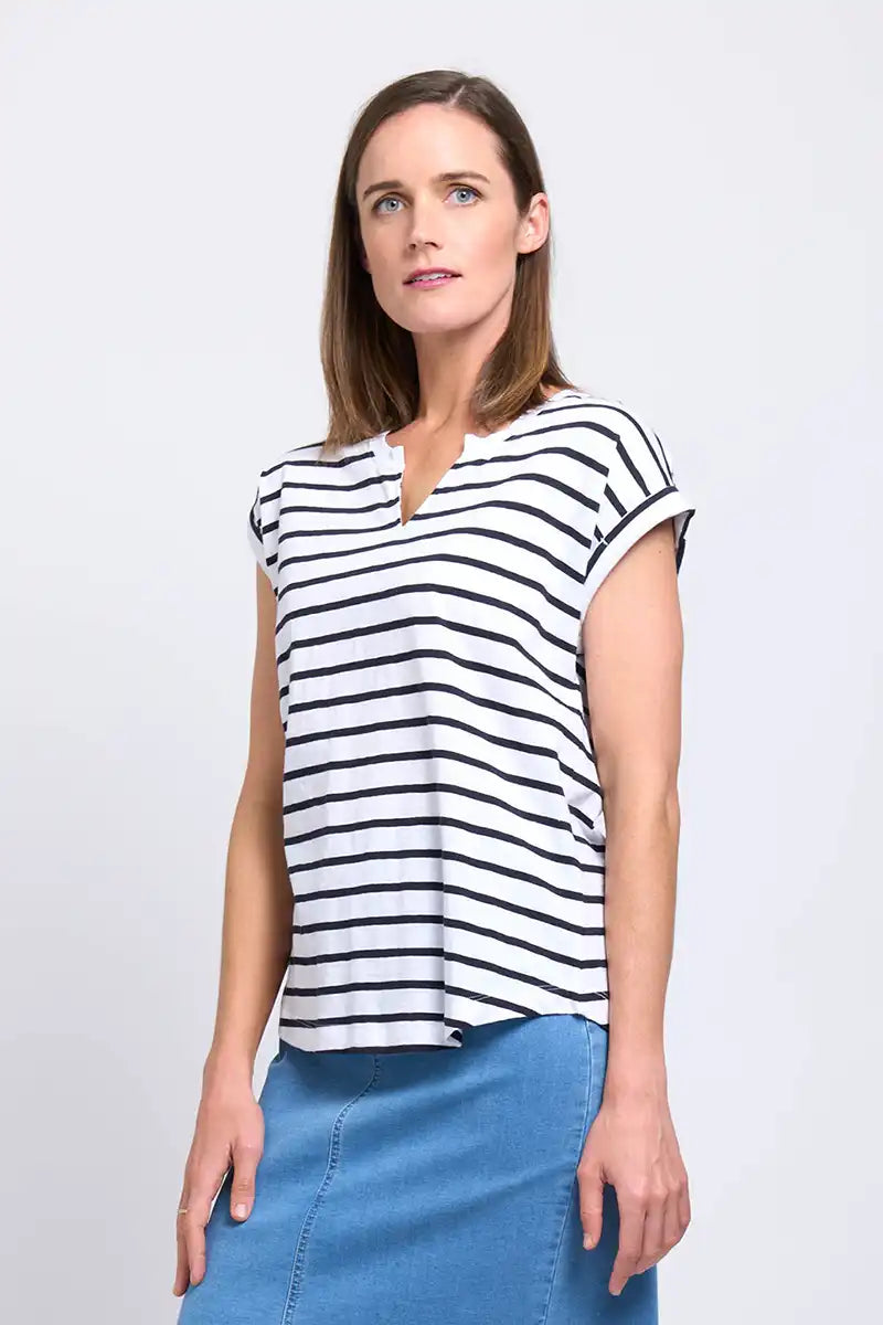Foil Women's Roll Play Tee in Breton Stripe front 3/4 view