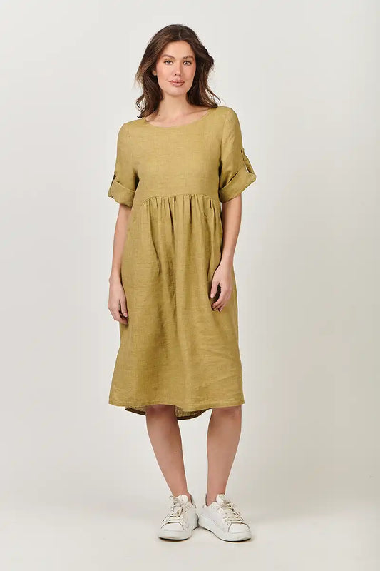 Naturals by O & J Linen Dress in Peridot Mustard front