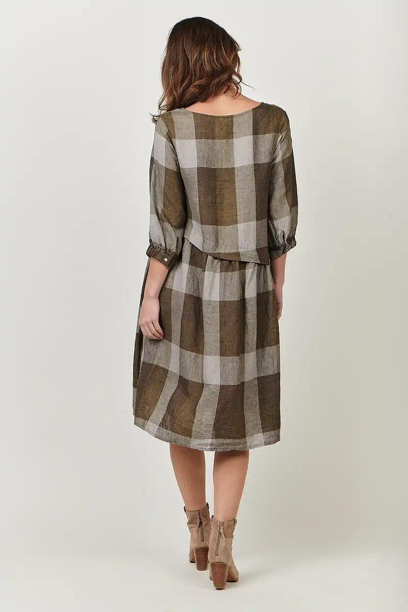Naturals by O & J Linen Dress in Breen Plaid back
