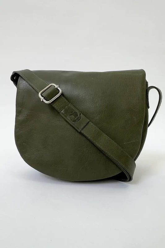 Henk Burg Leather Hand Bag - Clara Small in Green front view with shoulder strap
