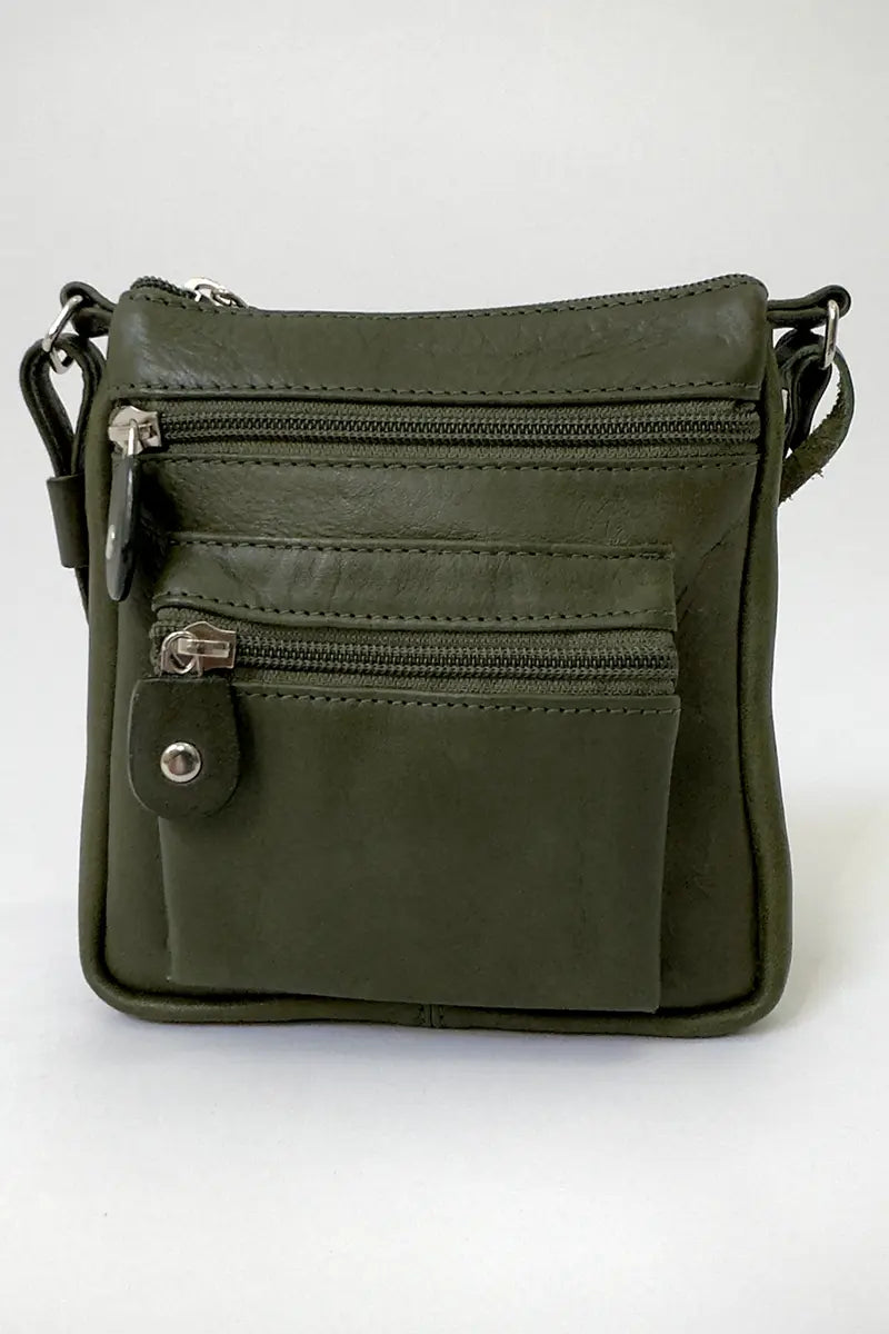 Henk Burg Leather Hand Bag - Jamie Small Green front with zip pockets but shoulder strap not showing