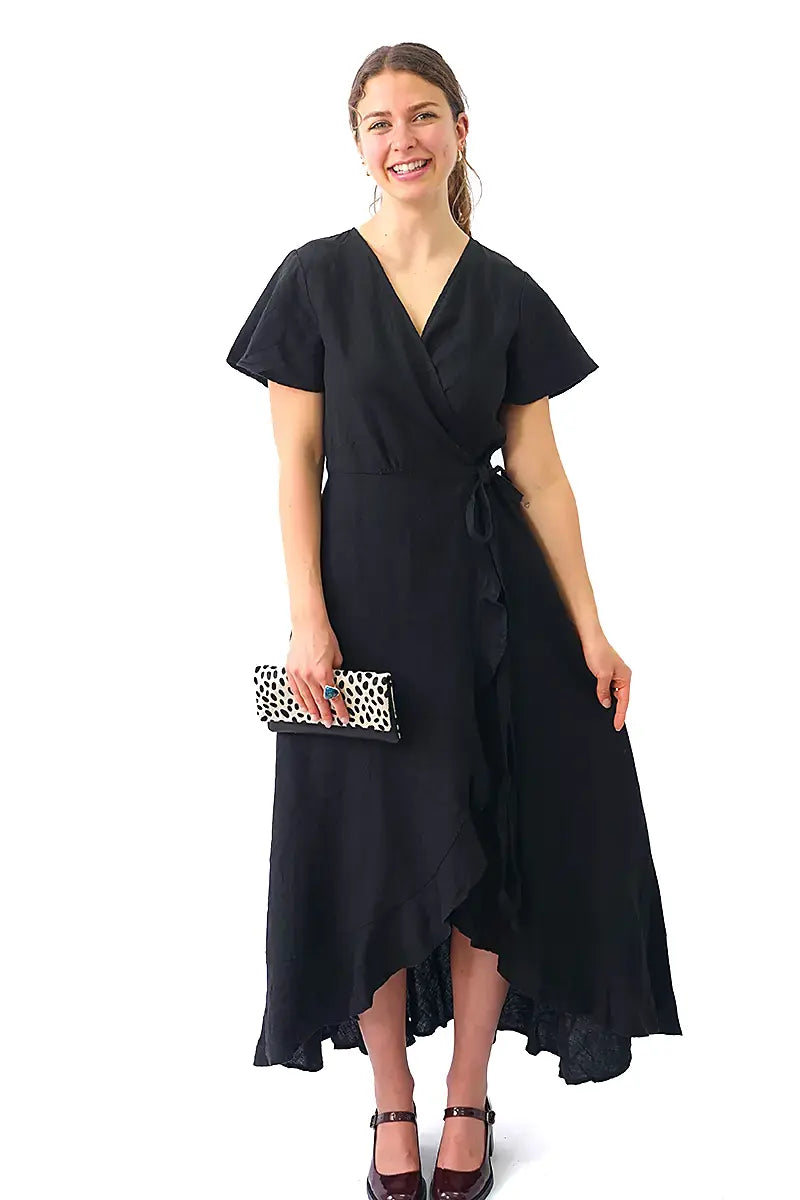 Humidity Kai Linen Wrap Dress in Black