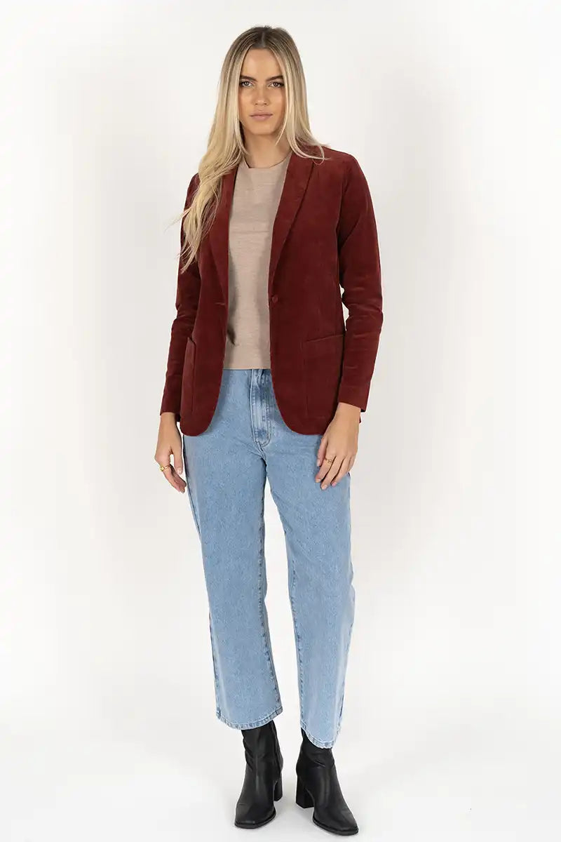 Humidity Blondie Corduroy Jacket in Rust front full model view