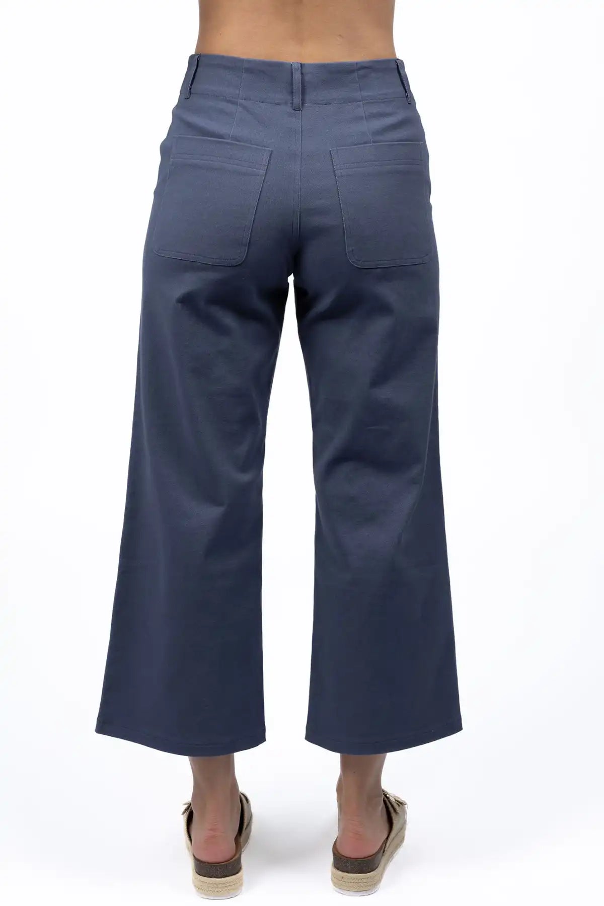 Humidity Margot Drill Pant in Steel Blue on a white background back via