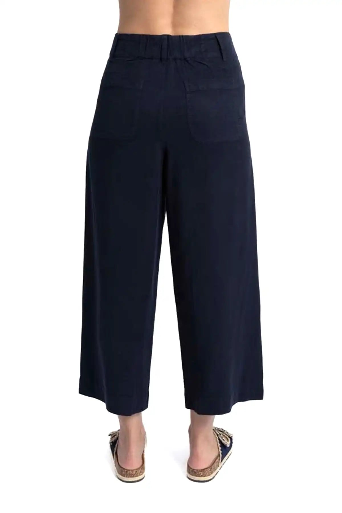 Humidity Marley Pant - Navy blue wide-leg pants on a white background back view