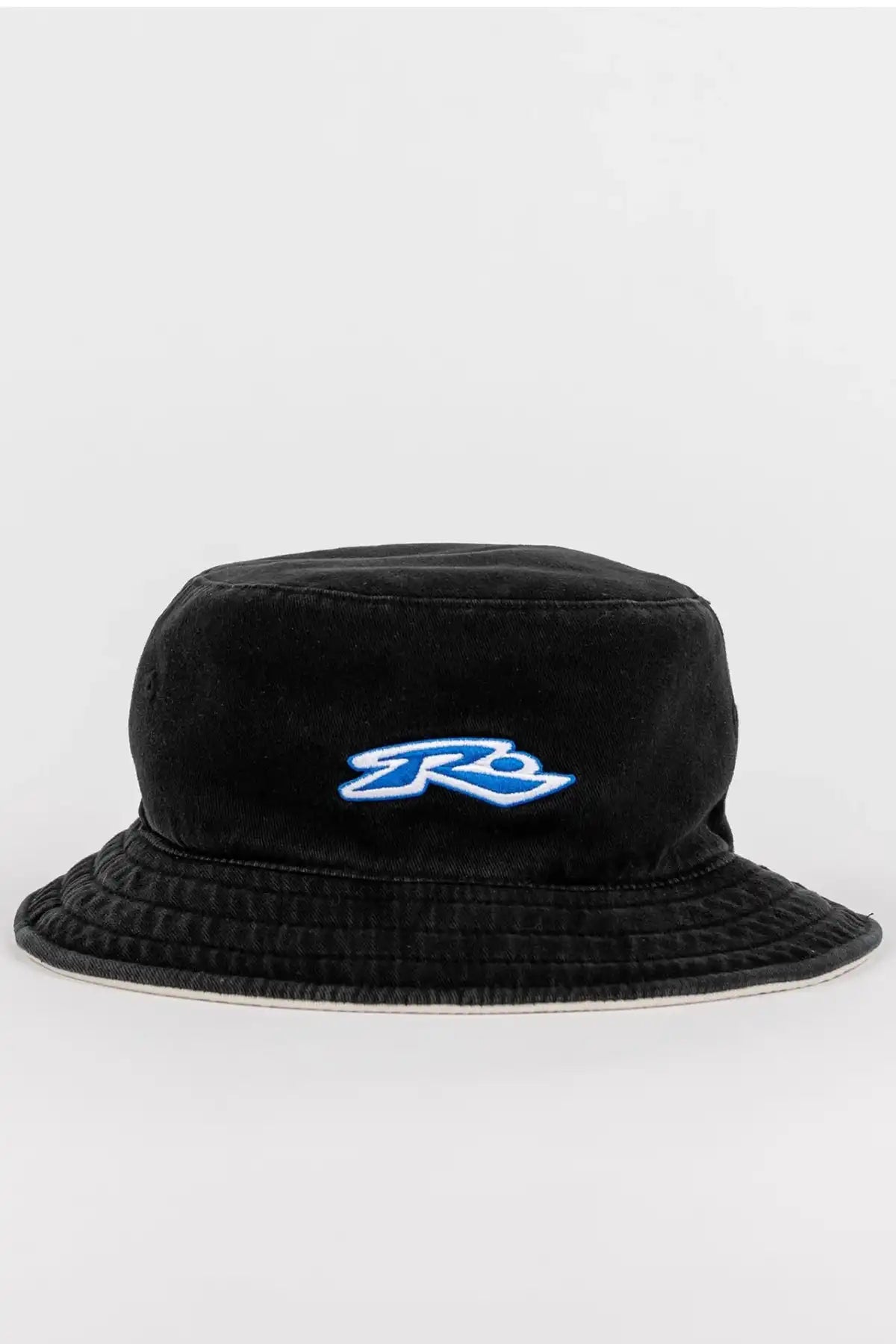 Rusty Kick Flip Reversible Bucket Hat showing washed washed black side with a blue logo on a white background
