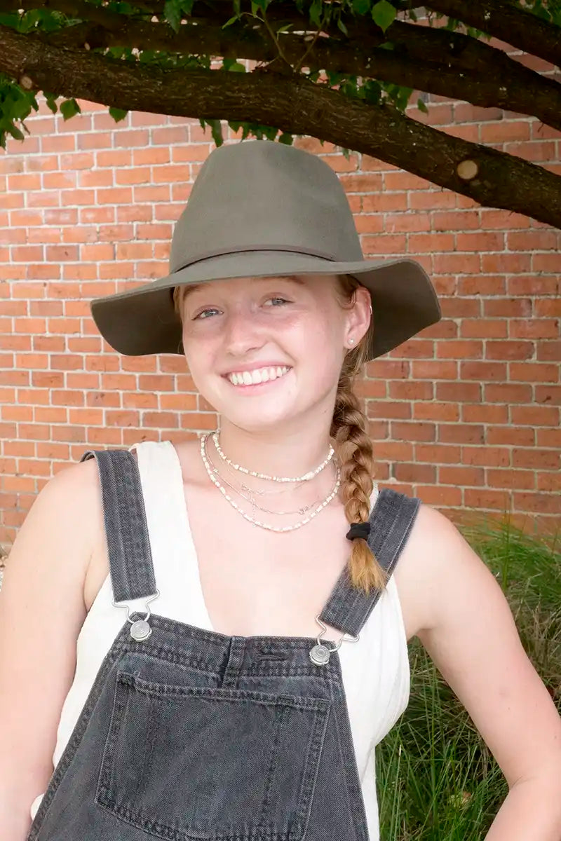 model wearing the Kooringal Rajah Hat Mid Brim Fedora in Cypress