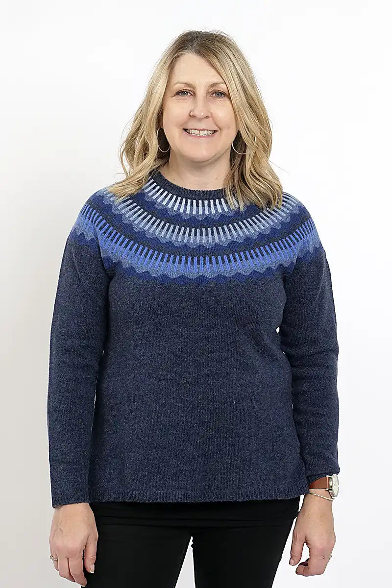 Mansted Lambswool Kira Jumper in Soft Blue York Print front view