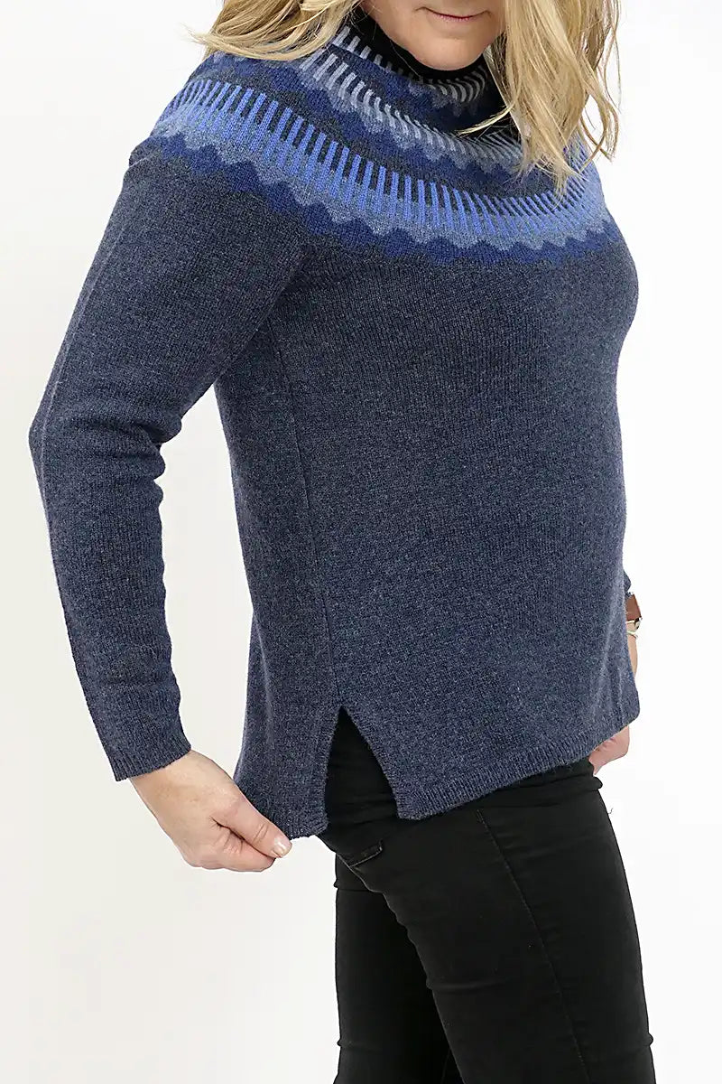Mansted Lambswool Kira Jumper in Soft Blue York Print side split detail view