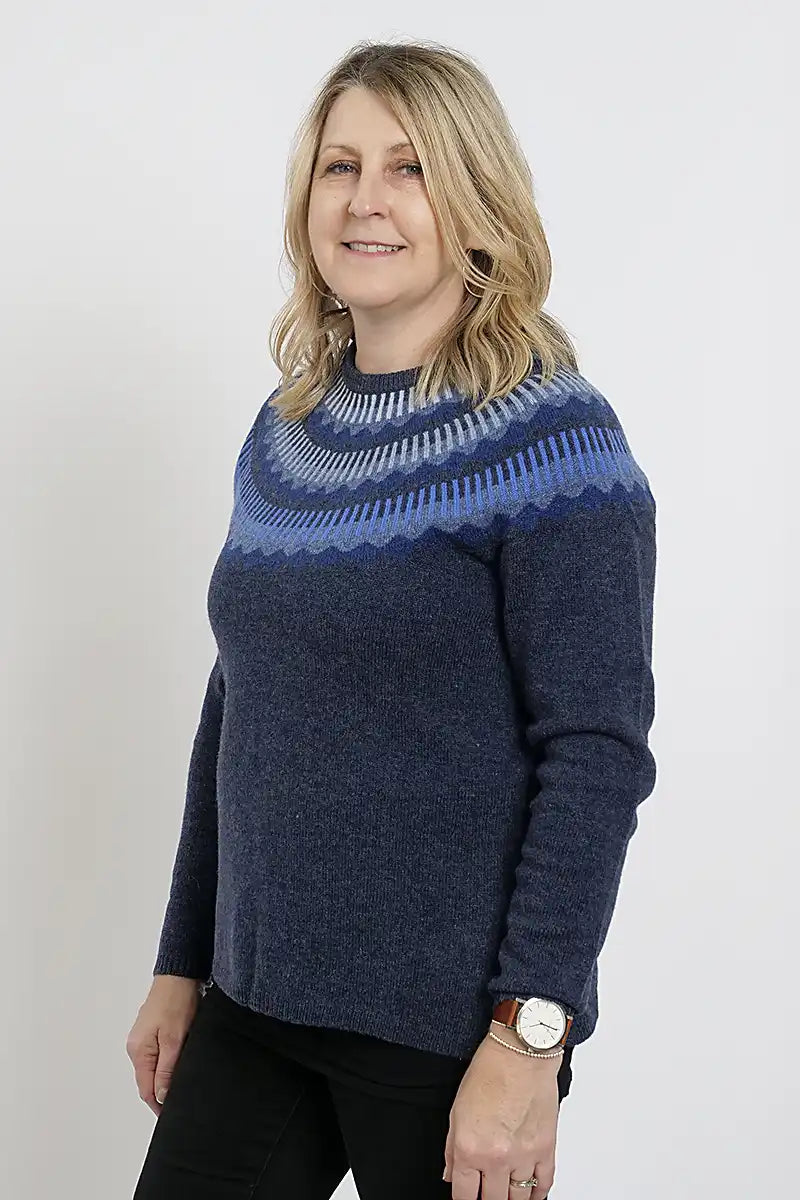 Mansted Lambswool Kira Jumper in Soft Blue York Print side view