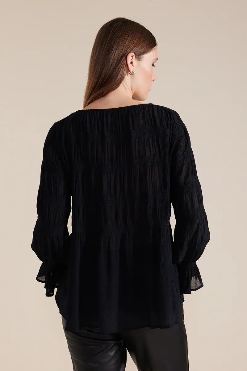 Marco Polo Long Sleeve Pleated Top in Black back view