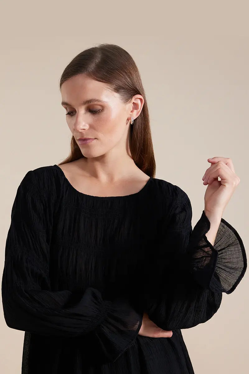Marco Polo Long Sleeve Pleated Top in Black front detailed view