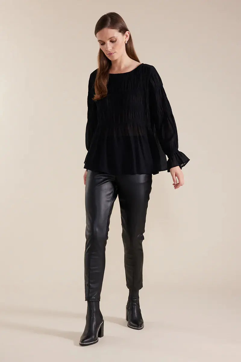 Marco Polo Long Sleeve Pleated Top in Black full model front view