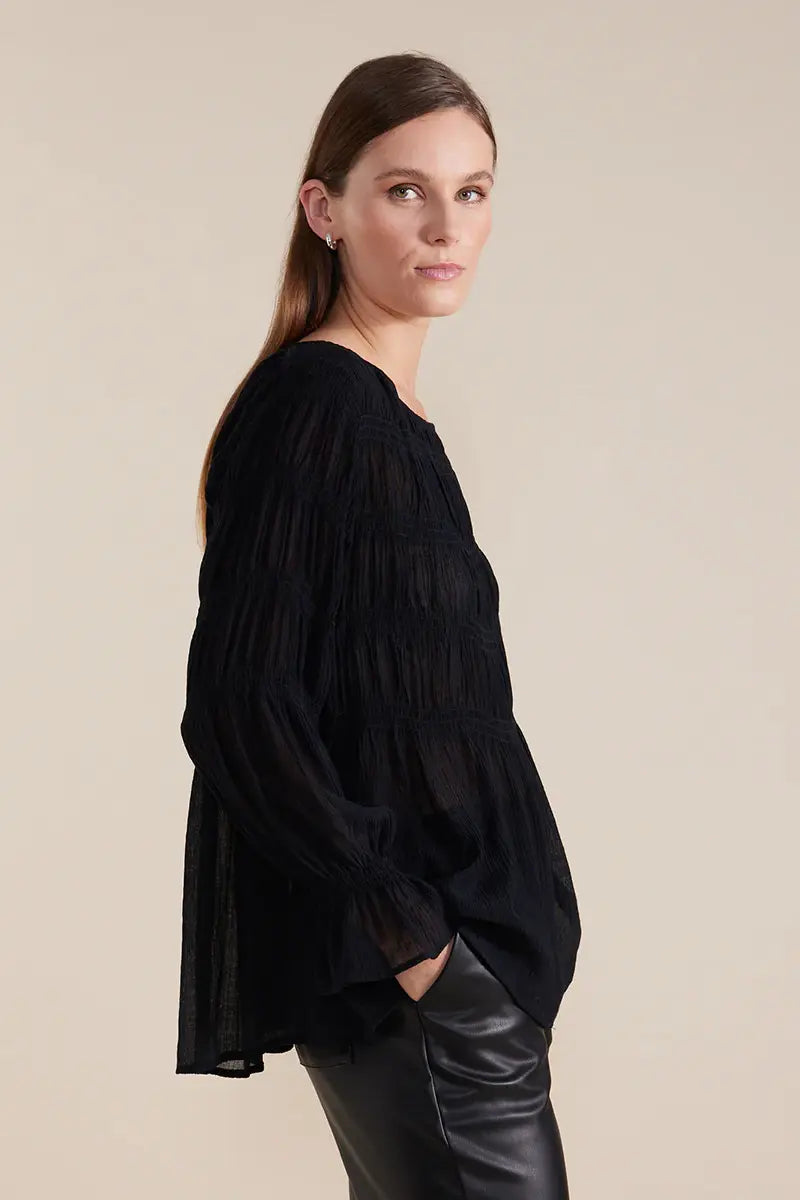 Marco Polo Long Sleeve Pleated Top in Black side view