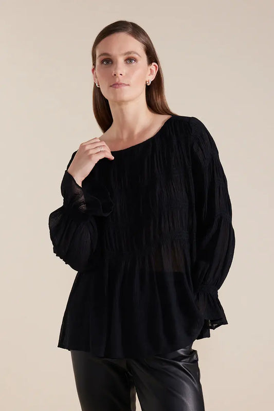 Marco Polo Long Sleeve Pleated Top in Black front