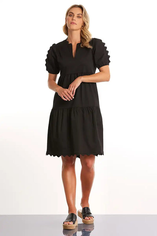 Marco Polo Scalloped Detail Dress in Black front