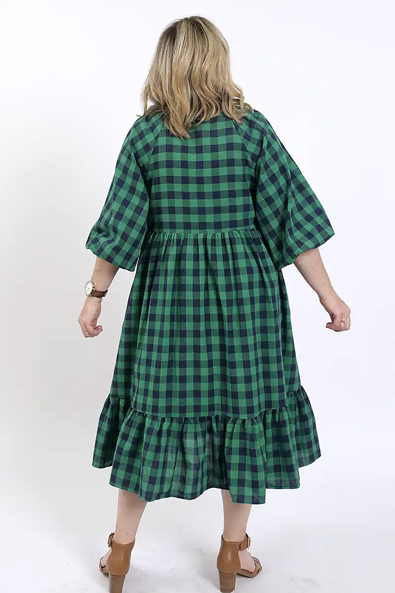 Mel Gingham Dress in Green Navy back view