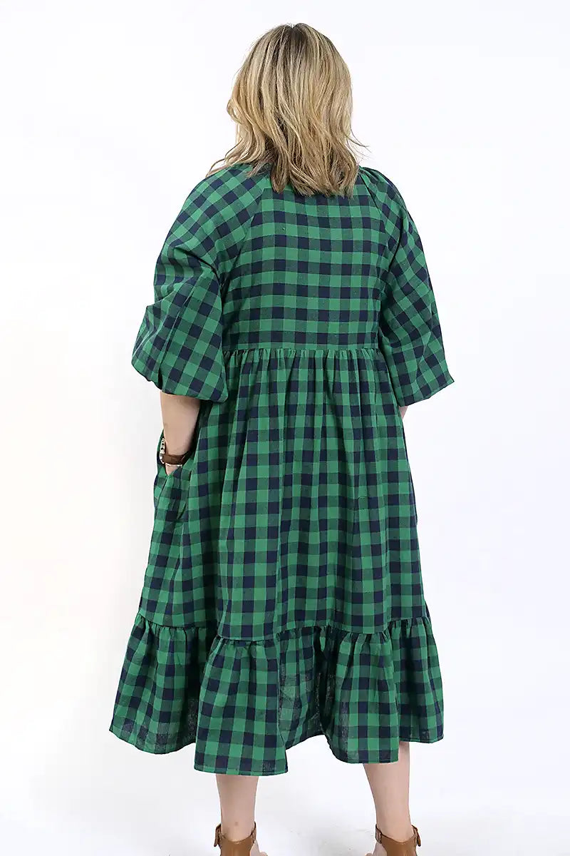 Mel Gingham Dress in Green Navy back view showing pockets