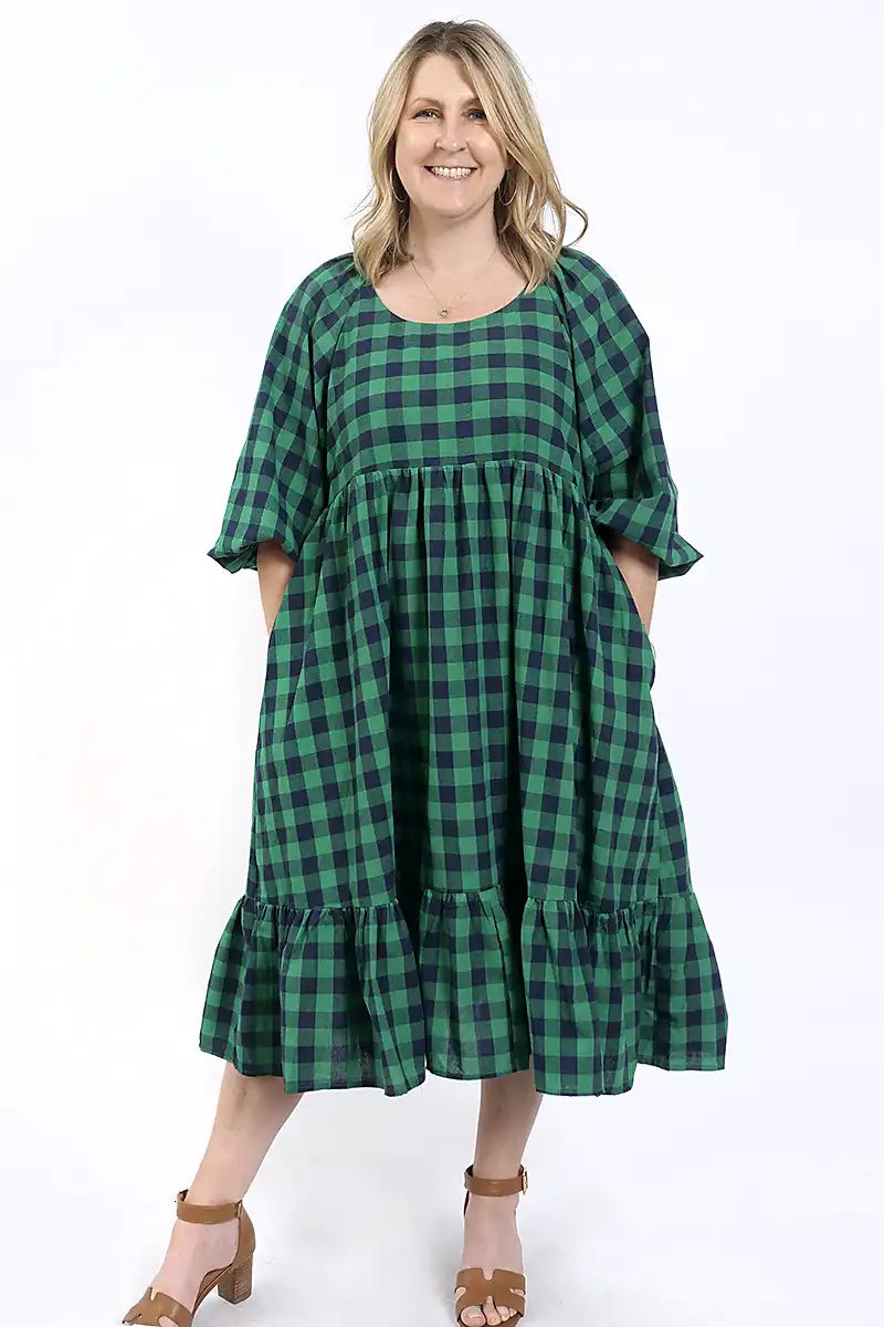 Mel Gingham Dress in Green Navy front