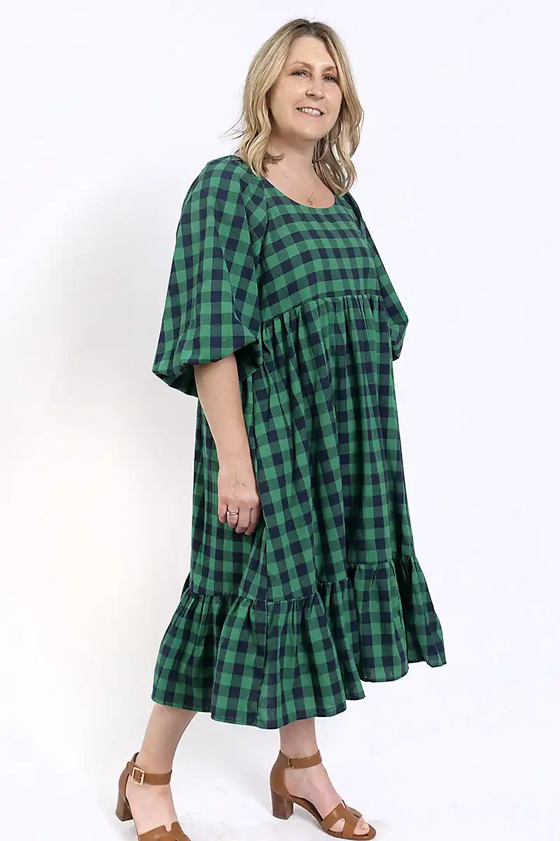 Mel Gingham Dress in Green Navy side view