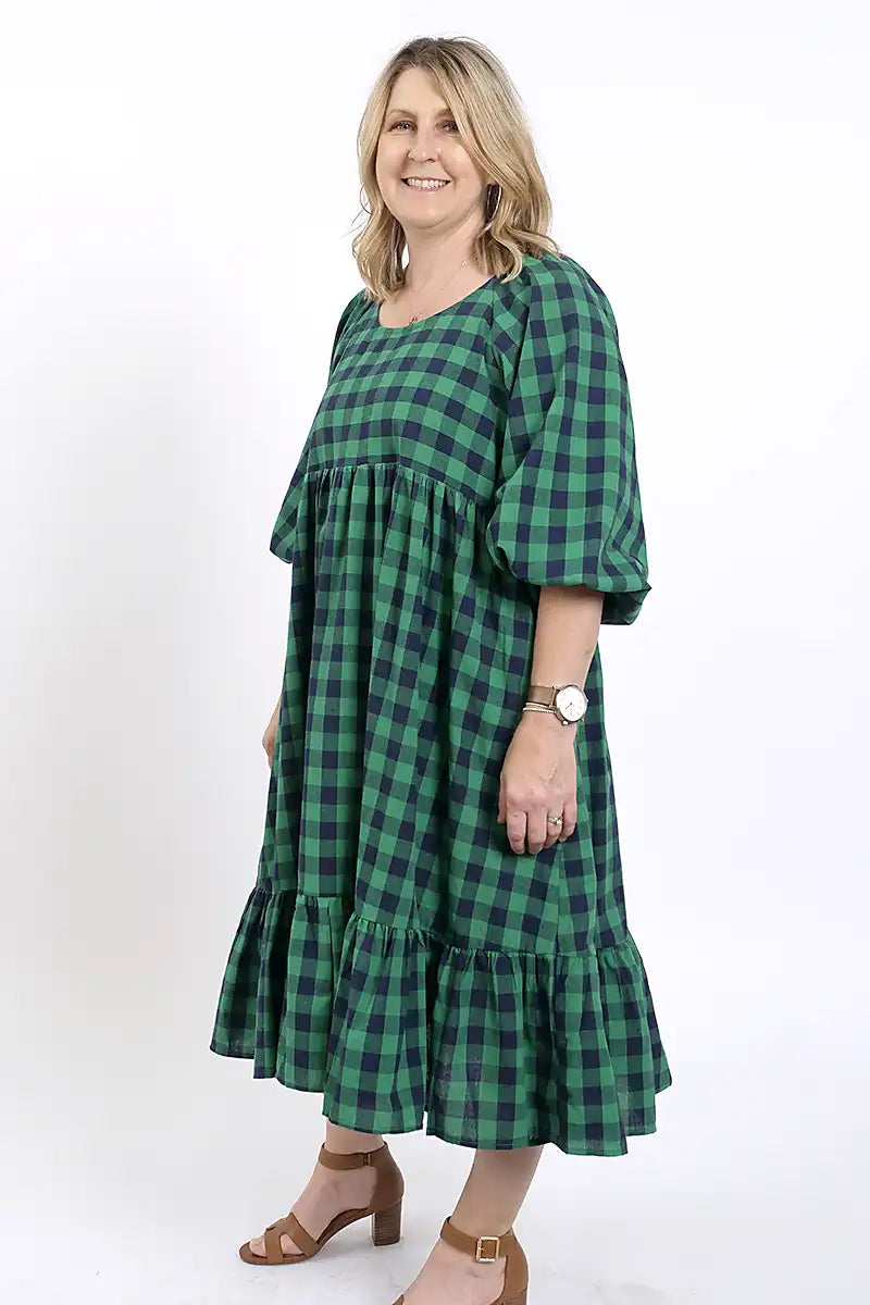 Mel Gingham Dress in Green Navy left side view