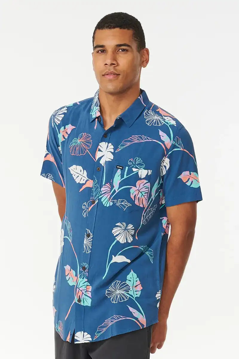 Mod Tropics Short Sleeve Shirt in Washed Navy front 3/4 view