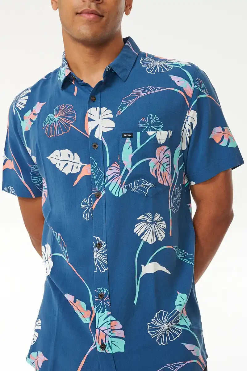 Mod Tropics Short Sleeve Shirt in Washed Navy front detail view