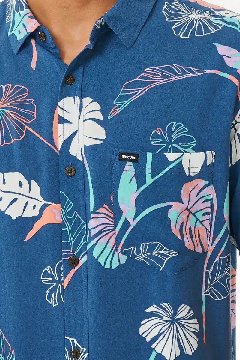 pocket and print detail on the Mod Tropics Short Sleeve Shirt in Washed Navy