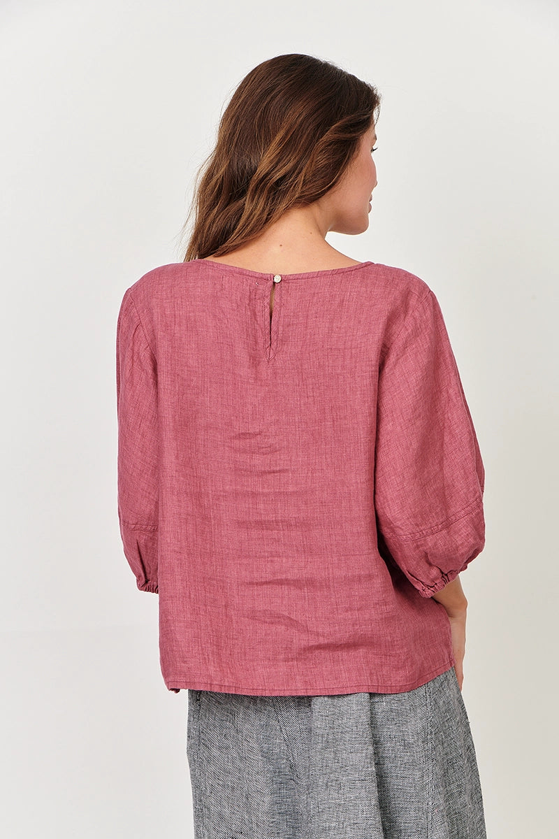 Naturals by O & J Boatneck Linen Top in Rhubarb back view