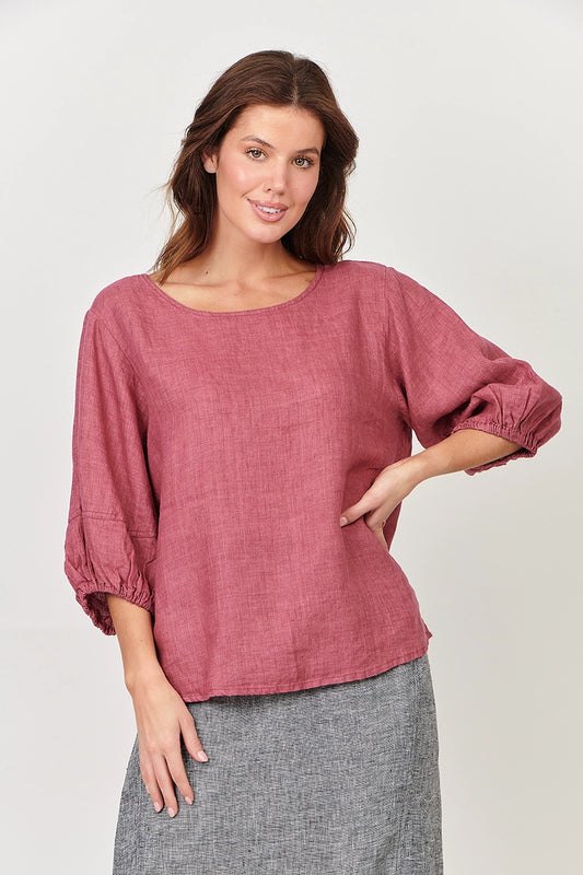 Naturals by O & J Boatneck Linen Top in Rhubarb front