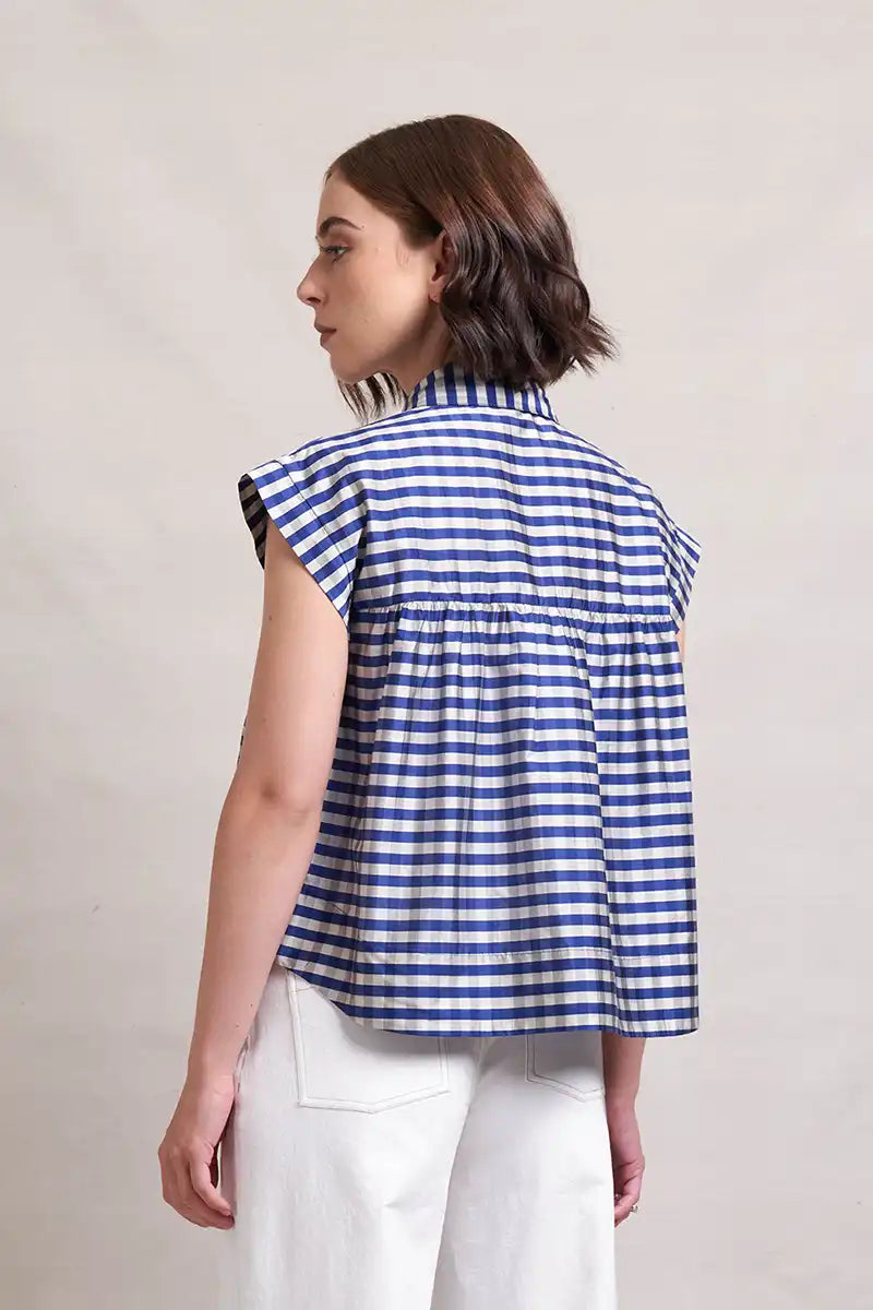 back view of the Neris Women's Top Absolute Pitch in Mazarine Check
