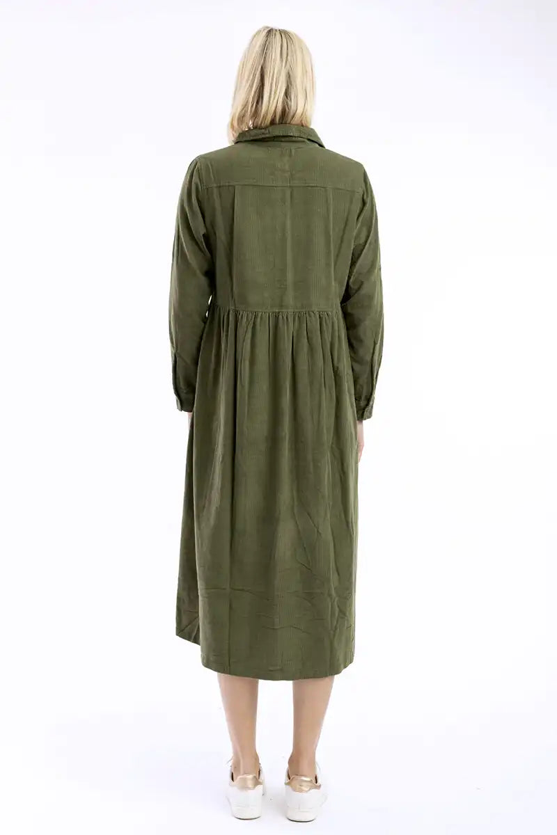 Olive Corduroy Tiered Midi Shirt Dress back view