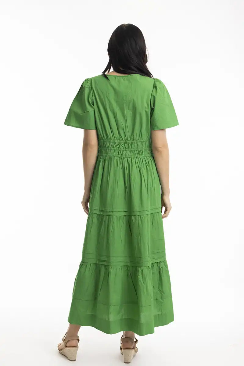 Orientique Essentials Poplin Maxi Dress with Ruched Waist in Parakeet back view