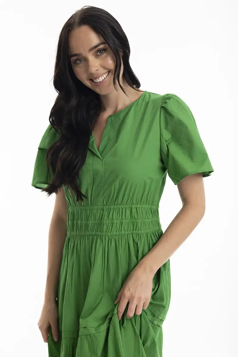 Orientique Essentials Poplin Maxi Dress with Ruched Waist in Parakeet front detail view