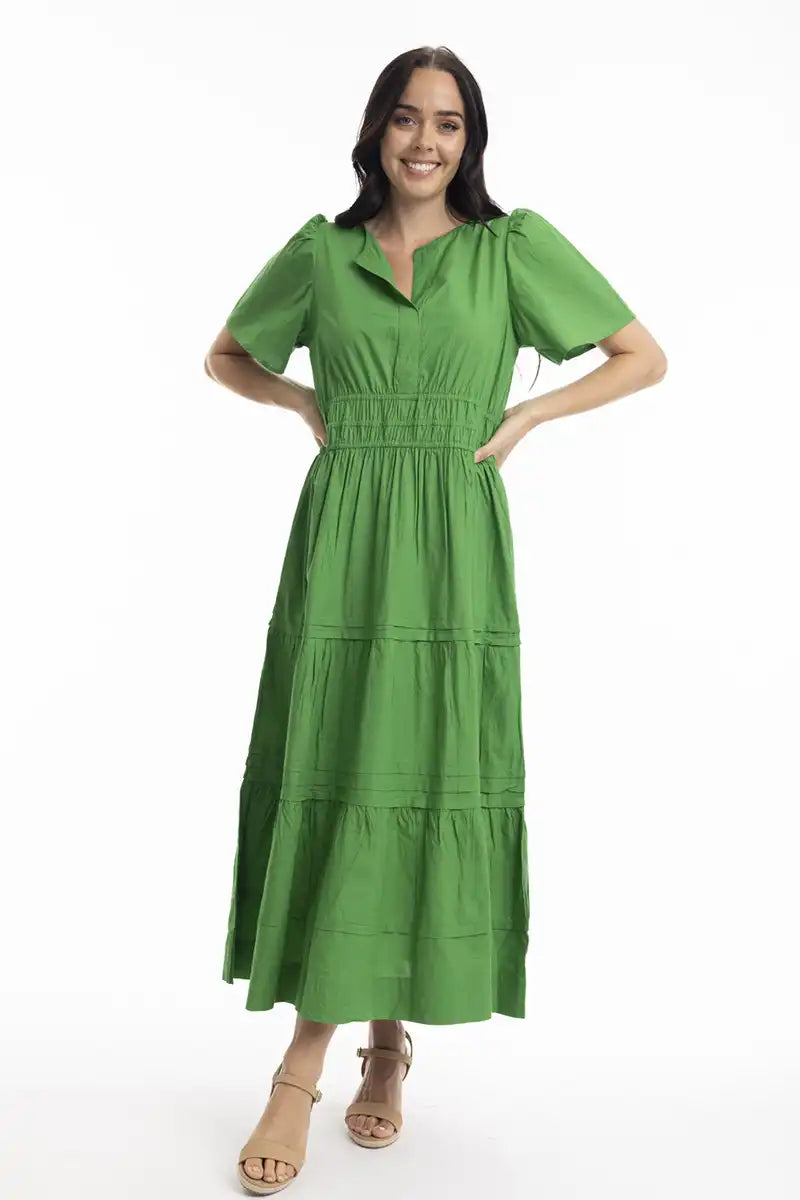 Orientique Essentials Poplin Maxi Dress with Ruched Waist in Parakeet front